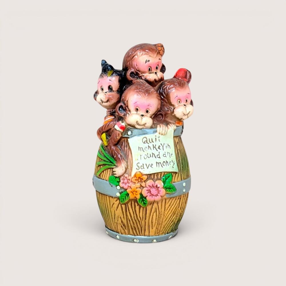 Vintage Monkeys in Barrel Ceramic Still Coin Bank